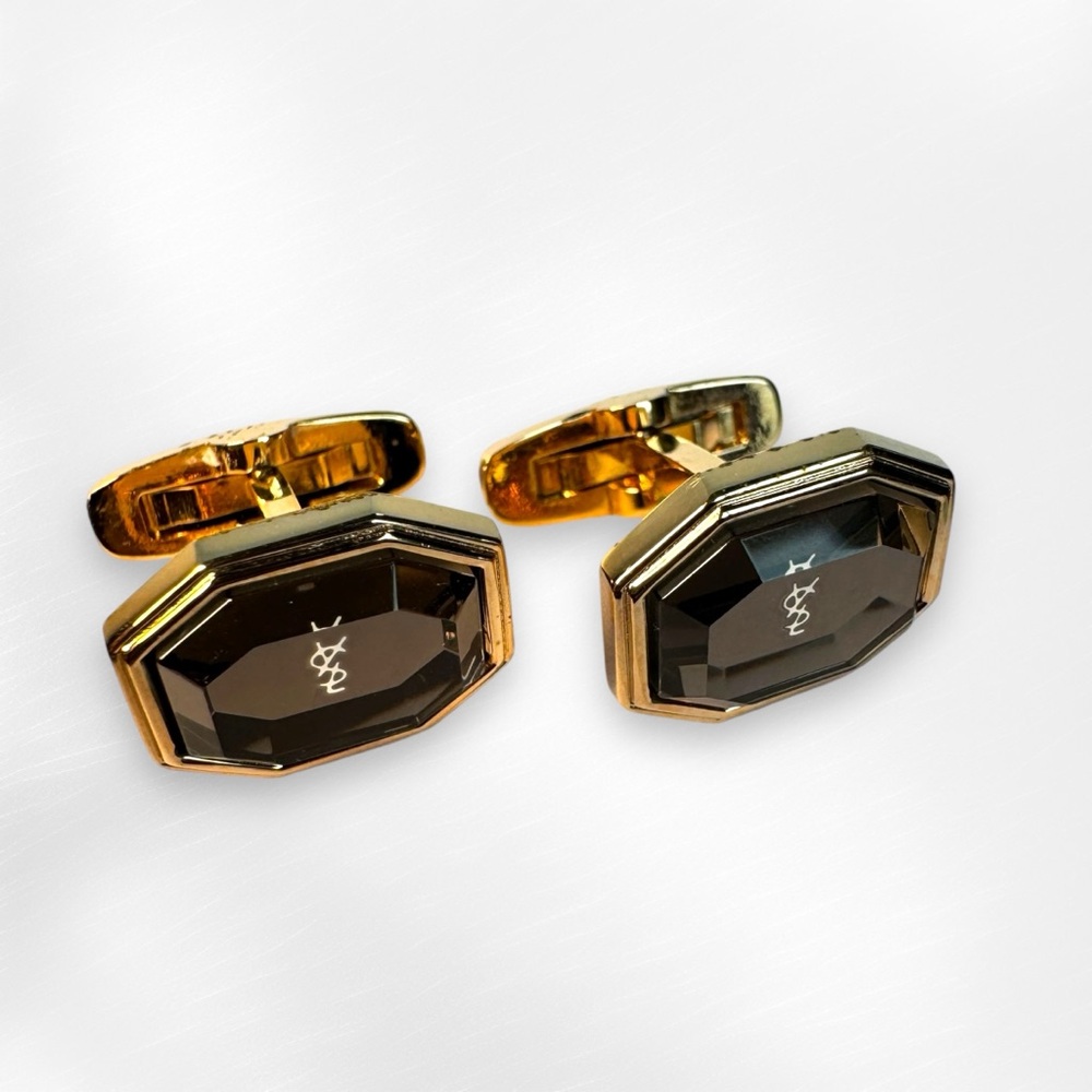 Yves Saint Laurent YSL Monogram Crystal Gold Black Octagonal Vintage Cufflinks